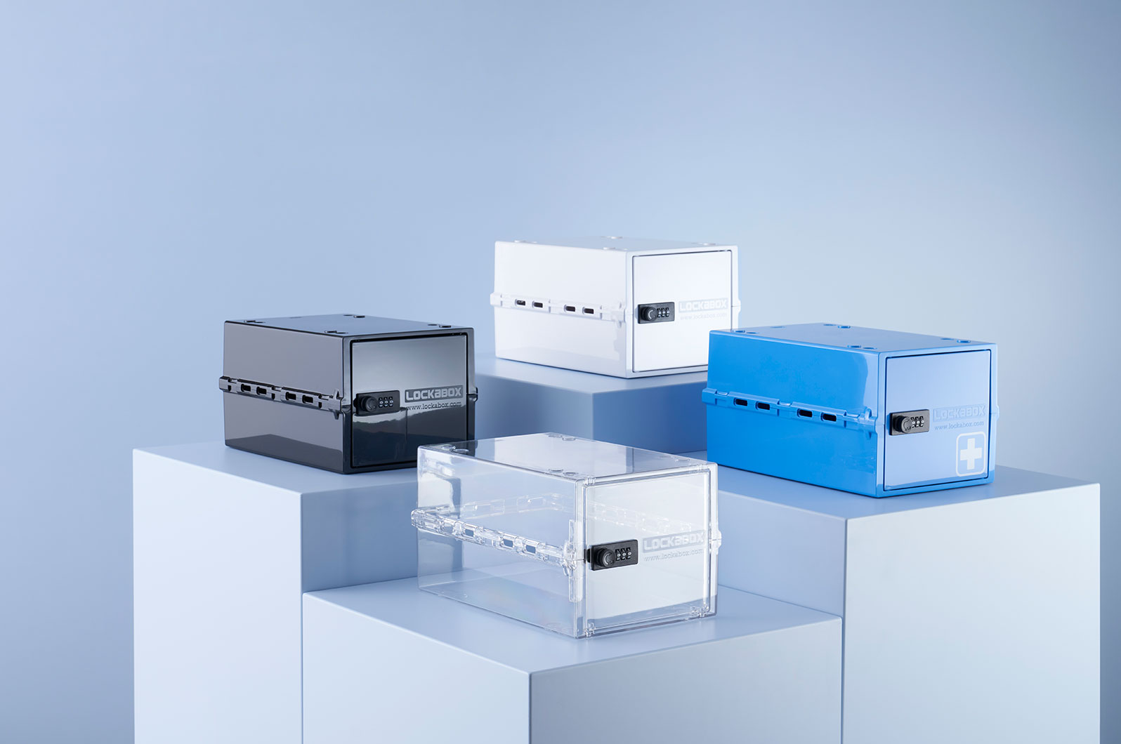 Studio shots of boxes which were lit to be retouched into backgrounds sourced from an image library.