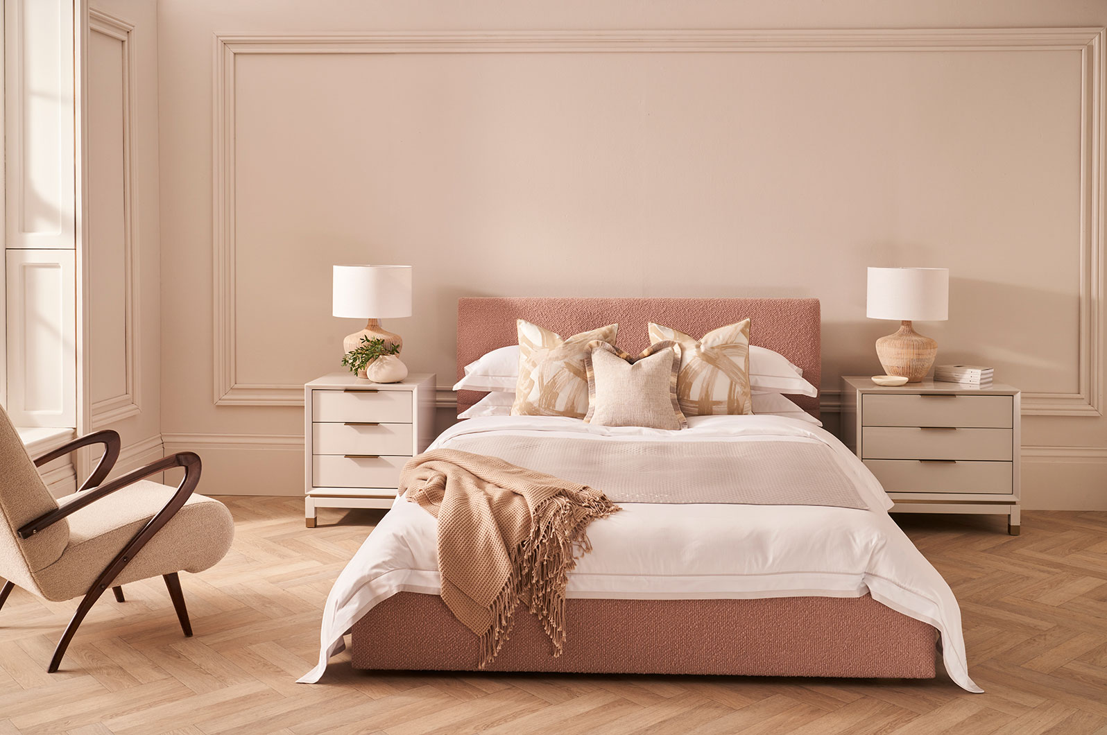 Room sets were designed with a neutral elegant colour palette to complement the beautiful Heirloom linens and allow a quick efficient change of set. Each design was shot in an elegant set within an overarching style. Furniture and propping was sourced to match this high-end brand from our interior partners.